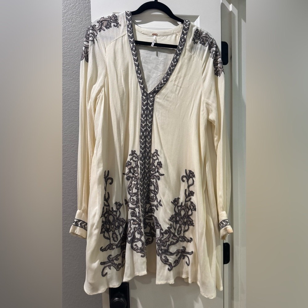 Free People Cream and Gray Embroidered Women's Dress size Medium